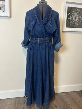 Vintage Together Dark Wash Denim Maxi Dress Beaded Collar Size 12